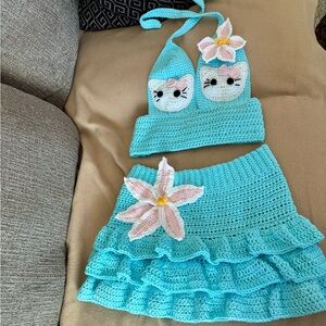 Hand Crafted Turquoise Crochet halter top and ruffle skirt set Hello Kitty
